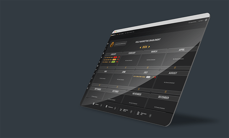 Web browser showing off the scheduled calendar on our Field Marketing Enablement™ module. 
