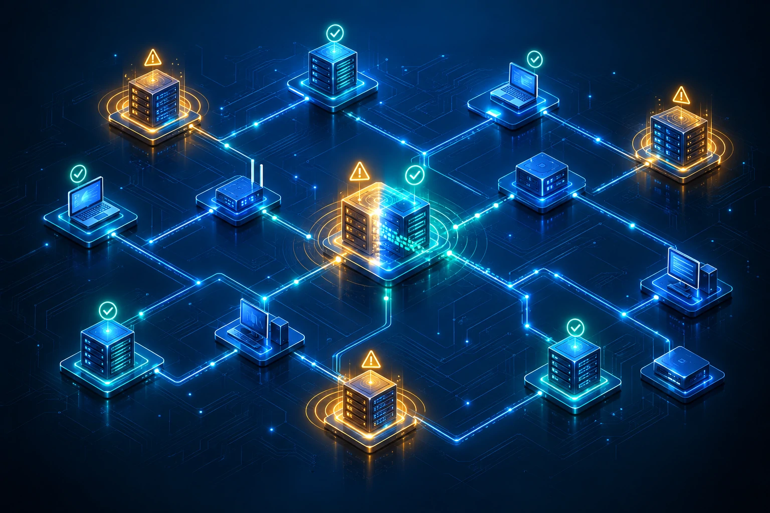 Isometric network map of servers and devices, with vulnerable systems glowing amber and secured systems glowing blue