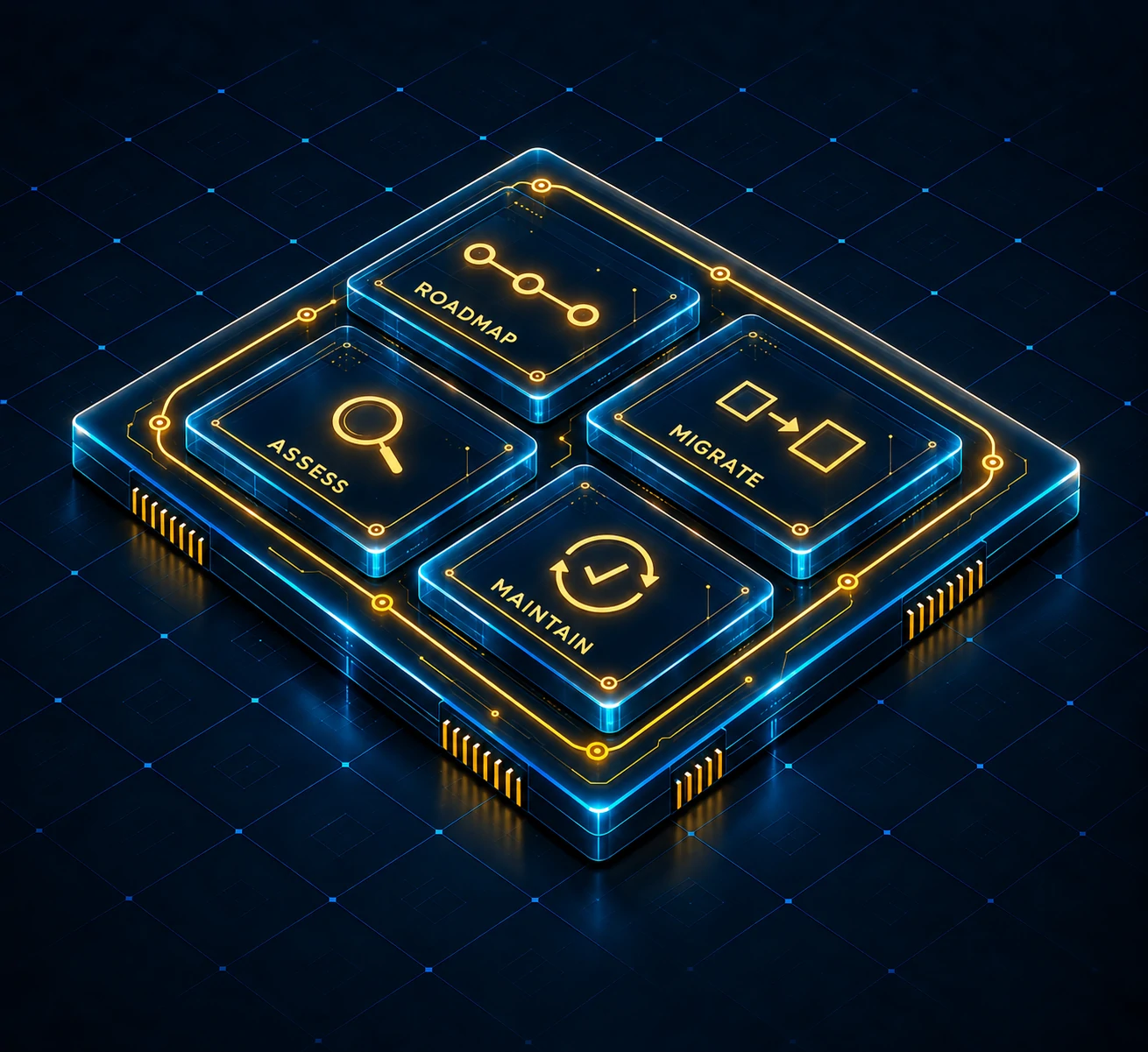 Four linked lifecycle tiles on one gold loop: assess, roadmap, migrate and maintain