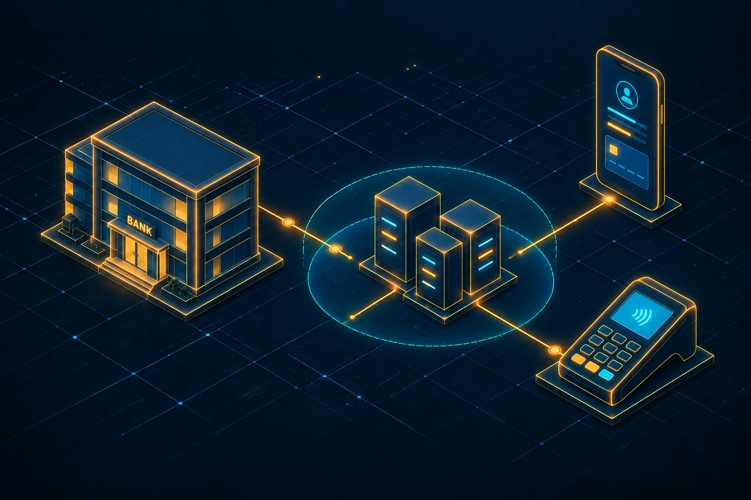 Glowing bank, mobile app and card terminal linked to a shielded server cluster