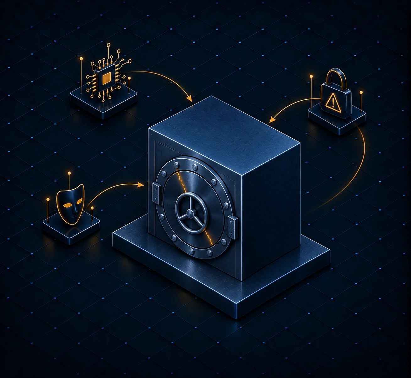 Bank vault under threat from an AI chip, a deepfake mask and a ransomware lock, with a crack of gold light in the door