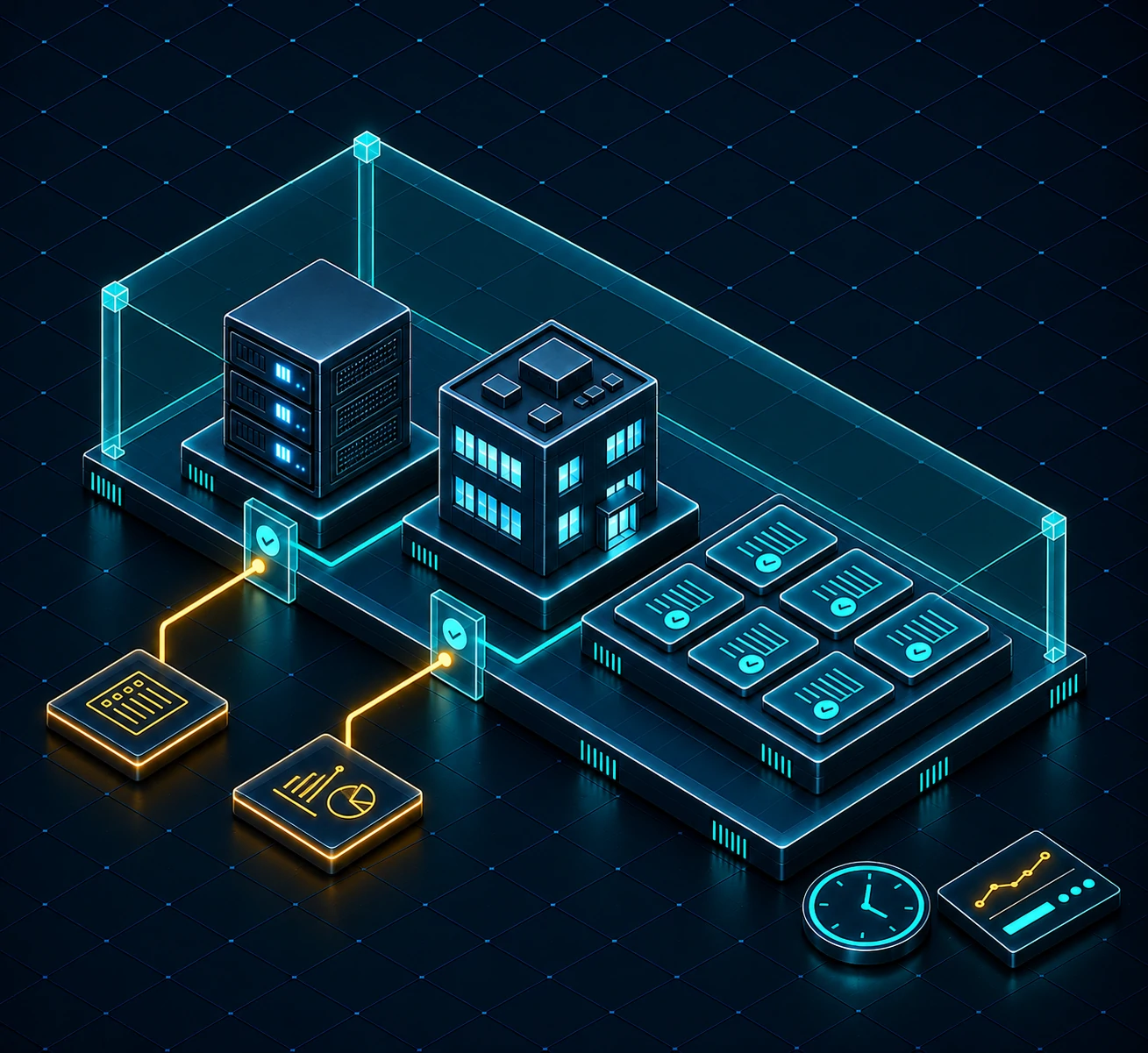 Server, building and policy tiles under a teal Zero Trust canopy, with verified gates, a 24/7 clock and a governance dashboard