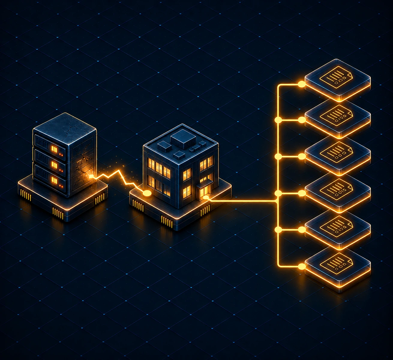 A cracked server sparks into a building, and one amber line lights a stack of six policy tiles at the same moment
