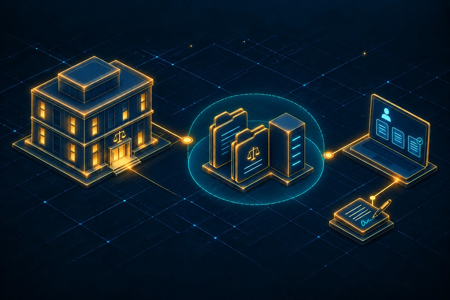 Glowing law office, case files and laptop linked to a shielded document vault