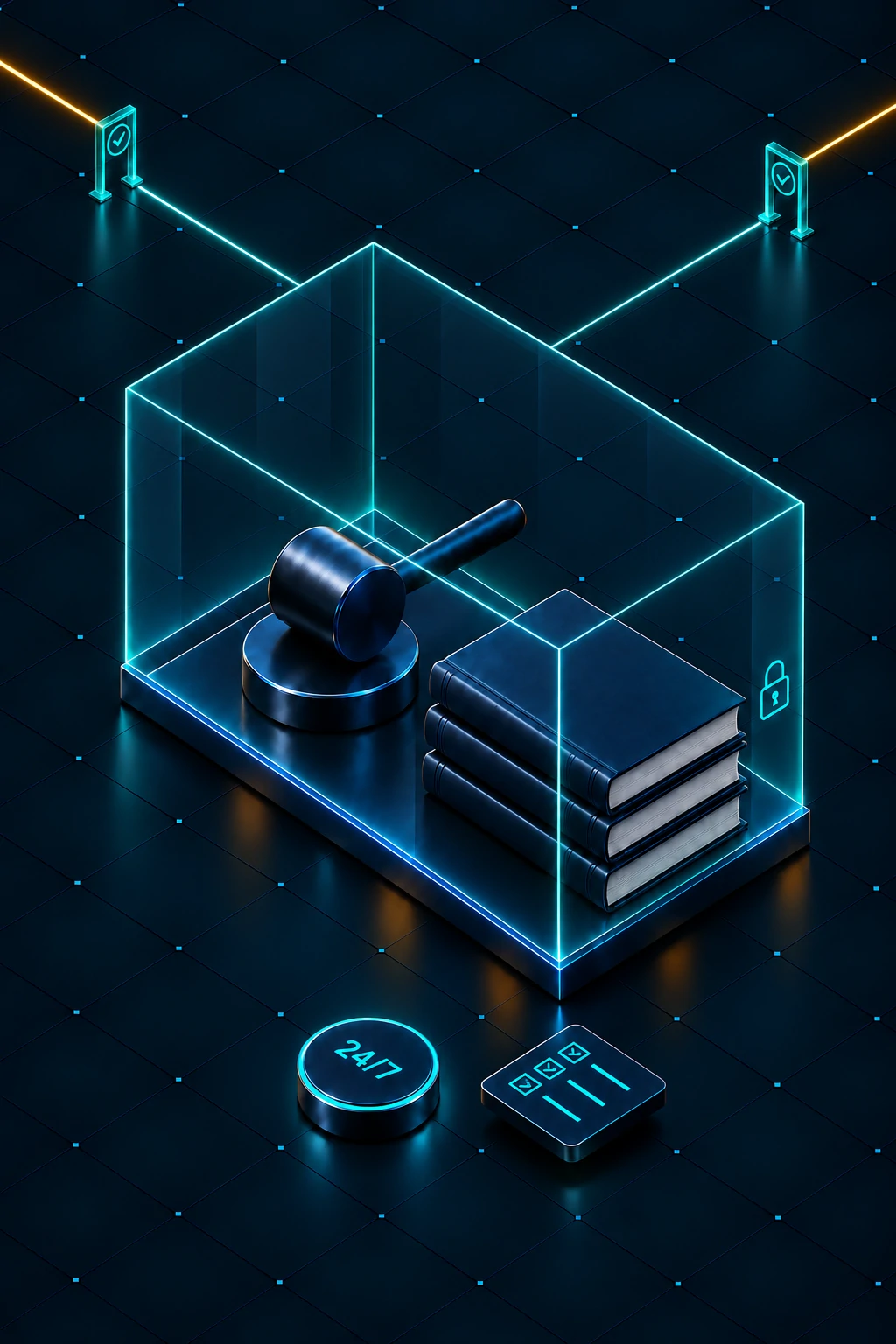 Gavel and law books inside a teal Zero Trust vault with verified gates, a 24/7 status ring and a compliance checklist