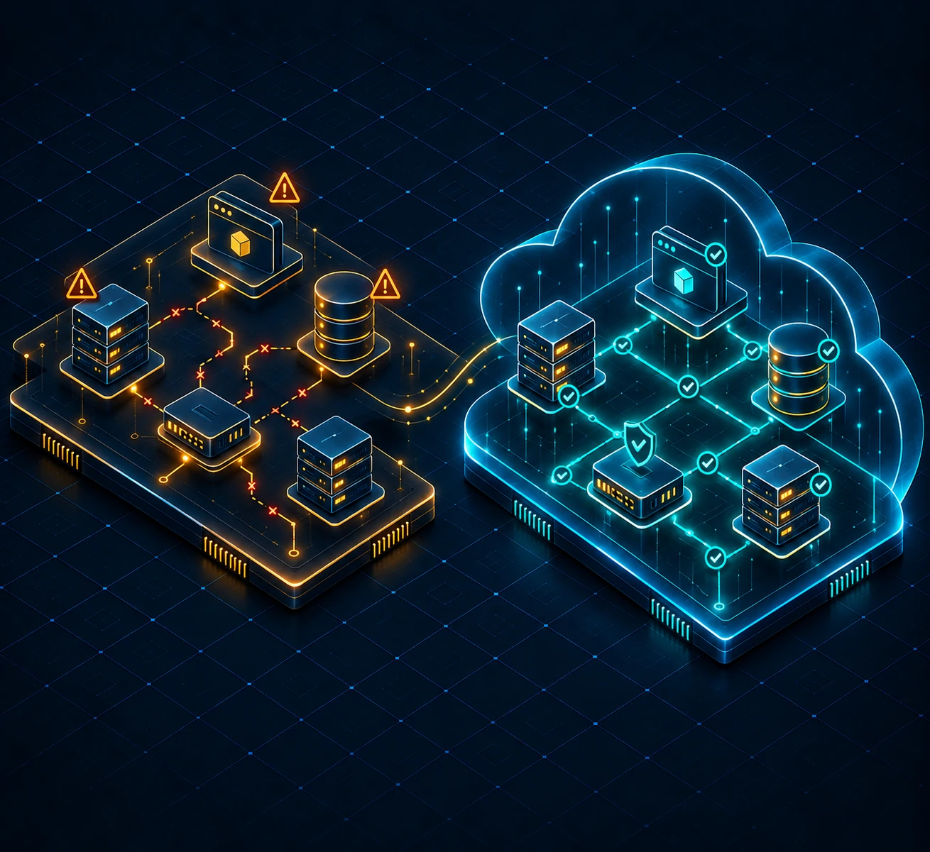 Tangled amber legacy infrastructure on the left beside a clean teal cloud Zero Trust grid on the right
