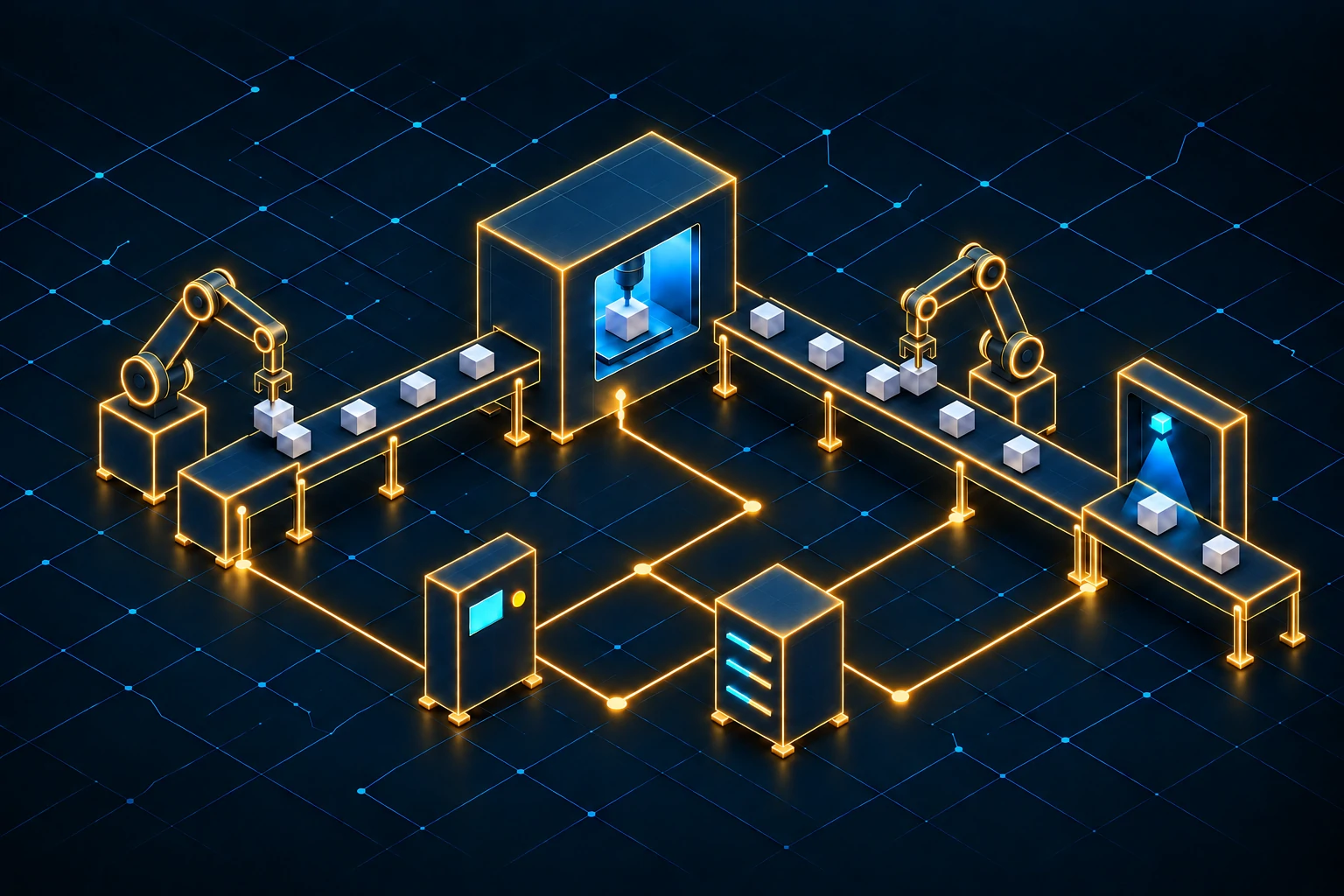 Glowing smart factory line with robotic arms and conveyors linked by gold data lines