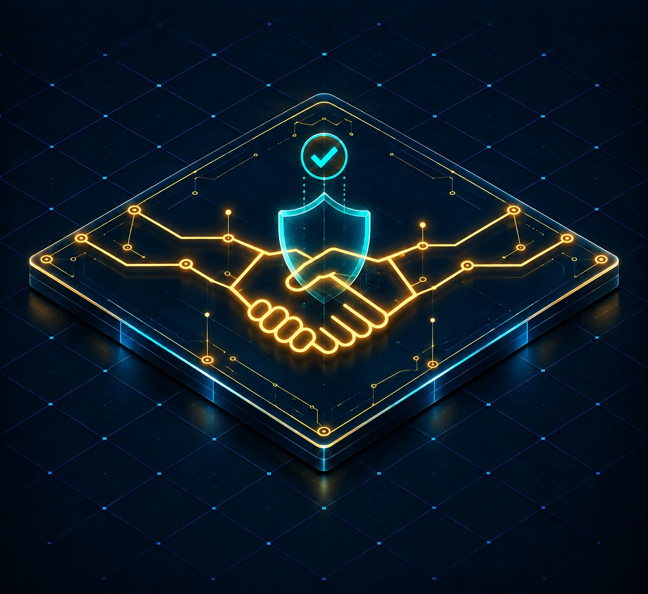 Glowing gold handshake made of network lines with a teal shield and checkmark above it