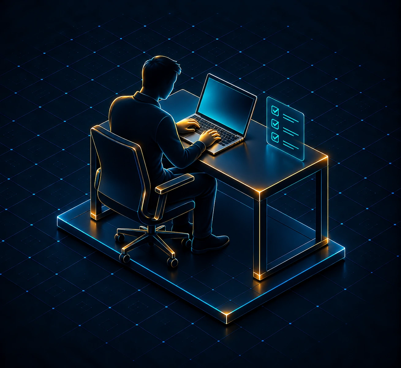 Technician at a desk setting up a laptop beside a floating completed checklist