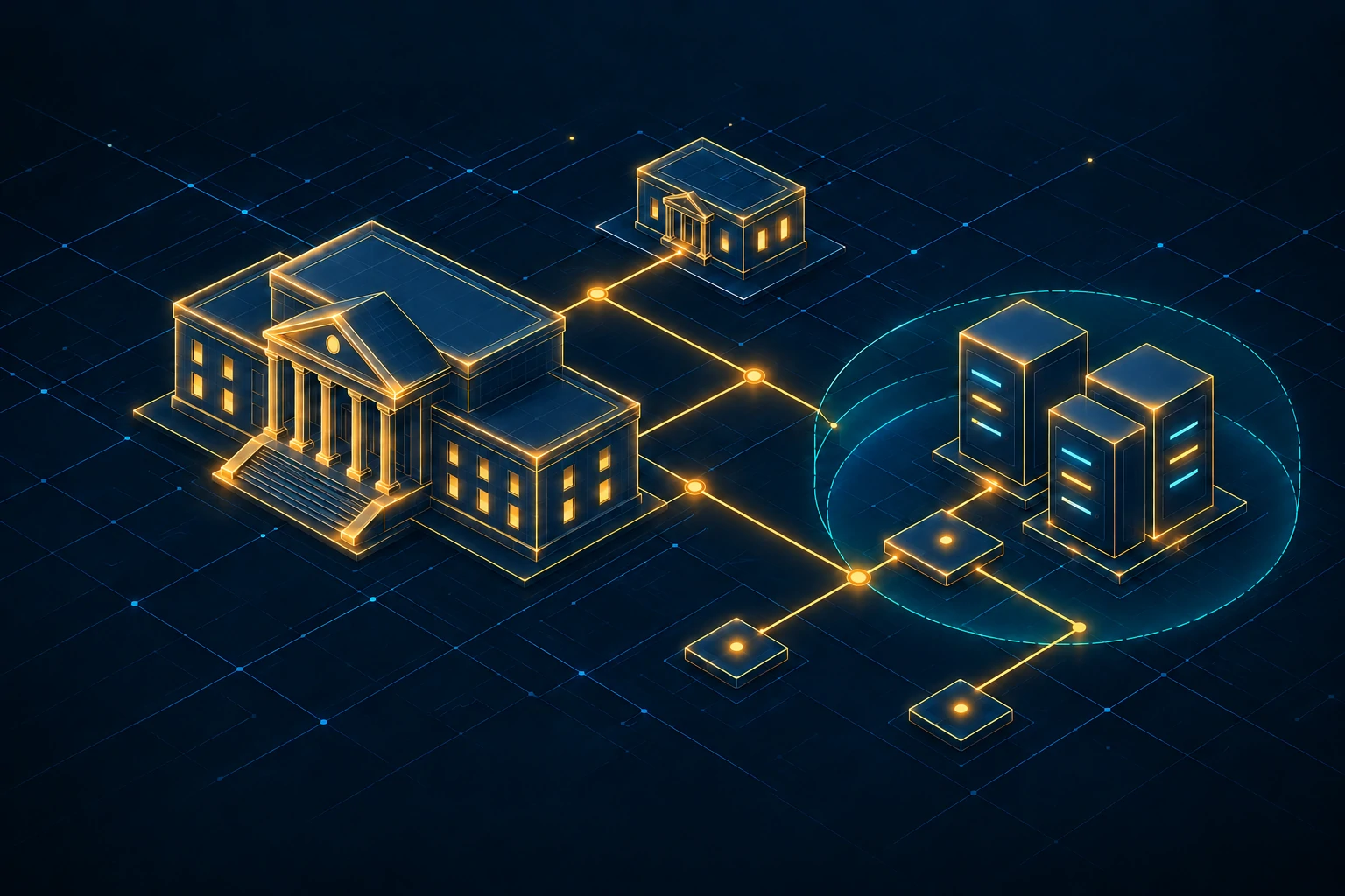 Glowing government building and server cluster linked by a secured network