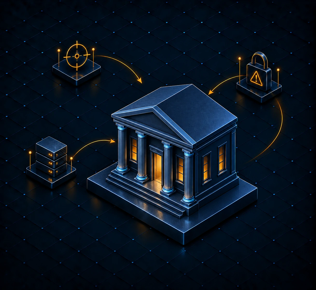 Columned government building with a crosshair, a ransomware lock and an aging server closing in on it