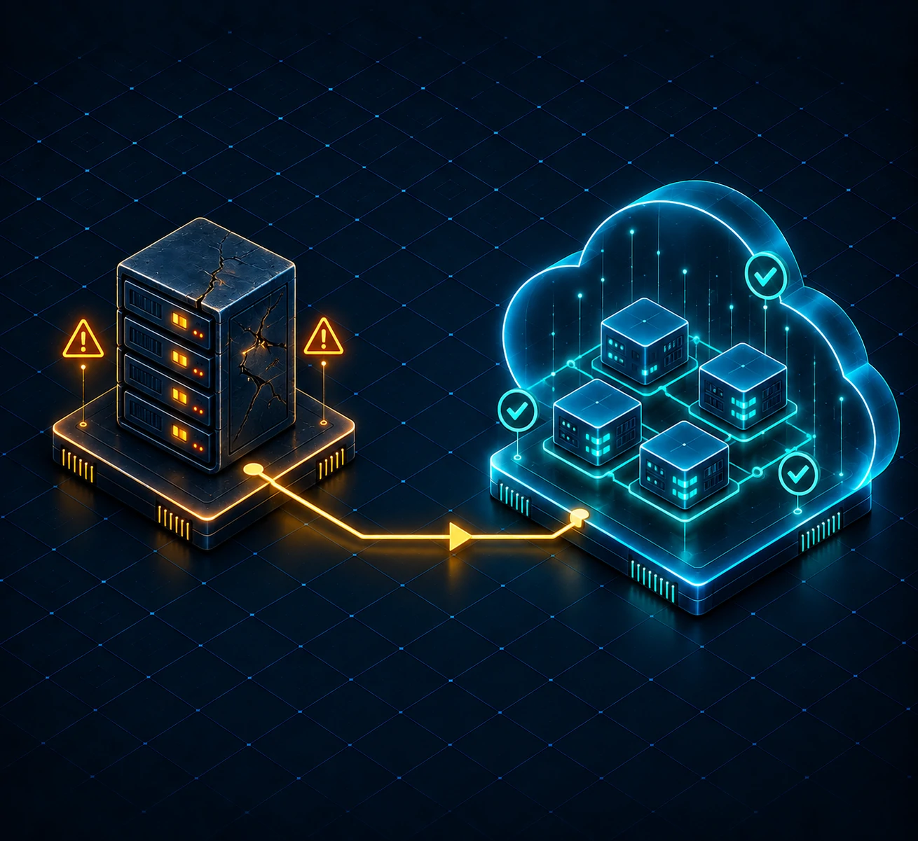 Cracked legacy server with warnings, linked by a gold migration line to a clean glowing cloud of verified servers