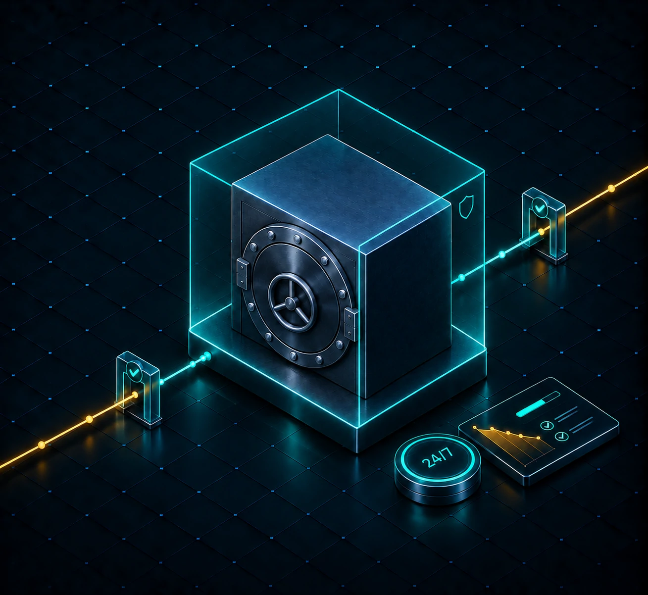 Bank vault inside a teal Zero Trust shield with verification gates, a 24/7 status ring and an executive dashboard