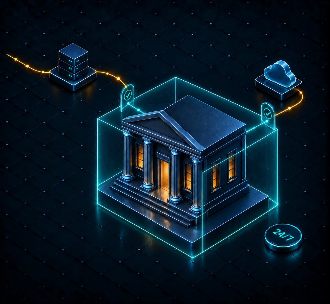 Government building inside a teal Zero Trust shield with verified gates, a server, a cloud and a 24/7 status ring