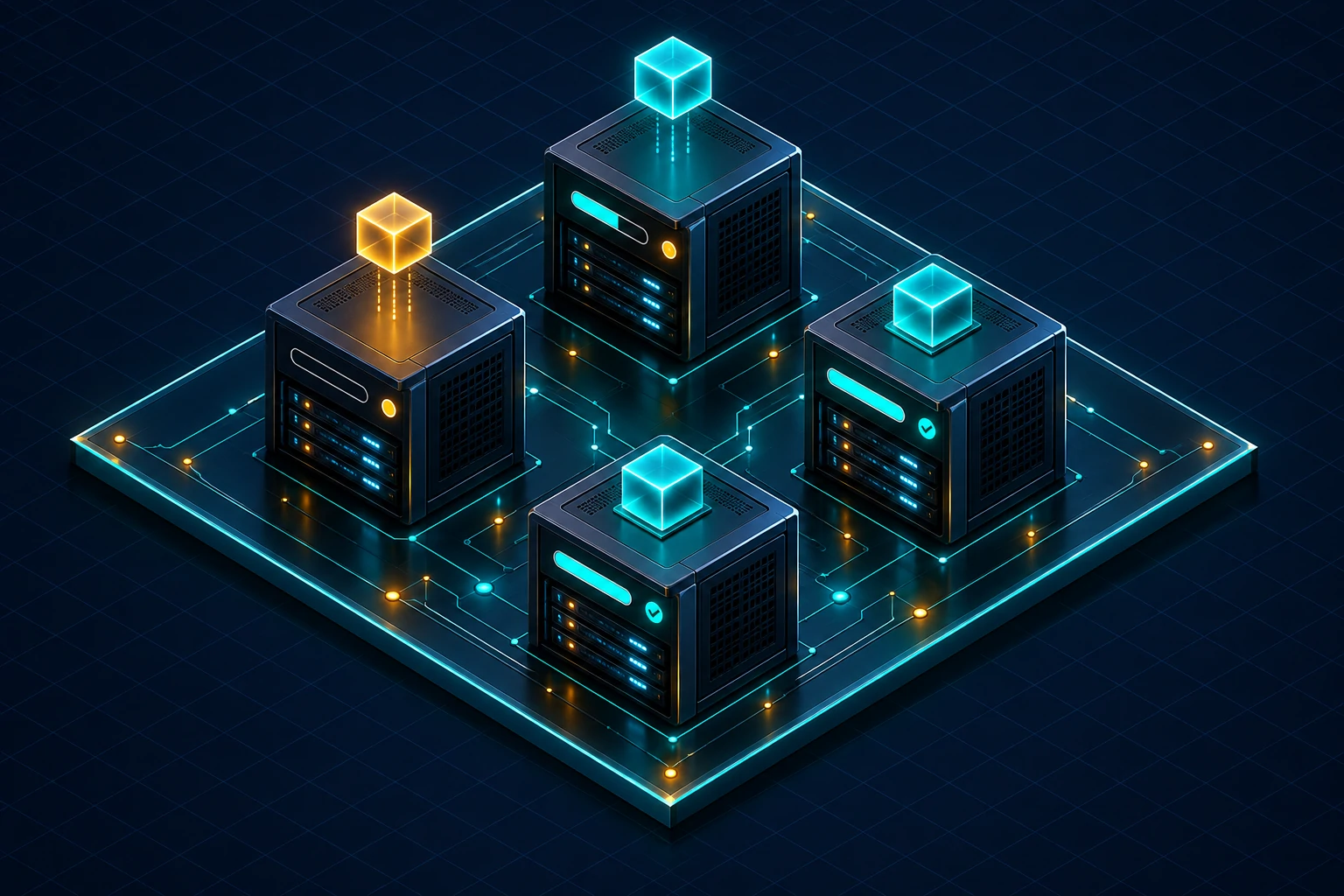 Four servers receiving update packages, three patched in teal and one still pending in amber