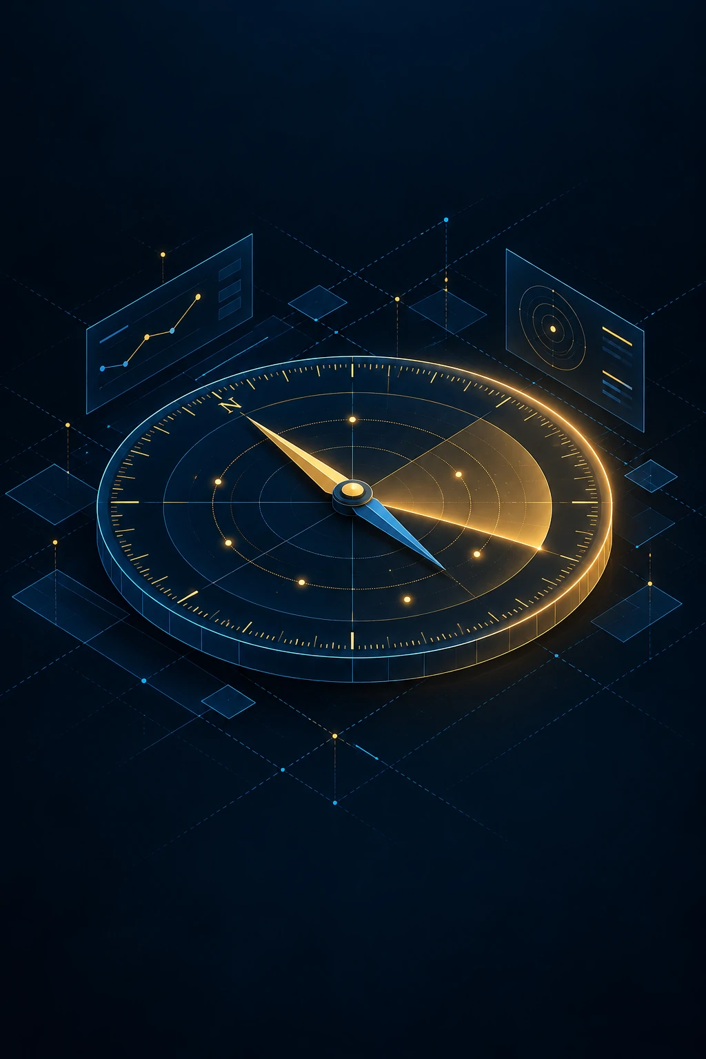 Glowing gold compass pointing north over a dark isometric grid