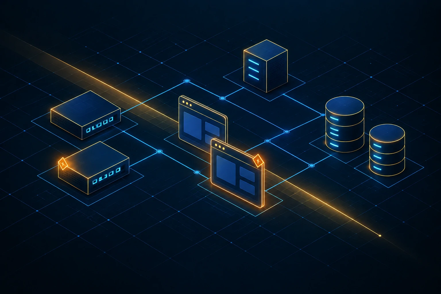 Asset inventory map of network devices, web apps and databases with a gold scan line flagging weak points