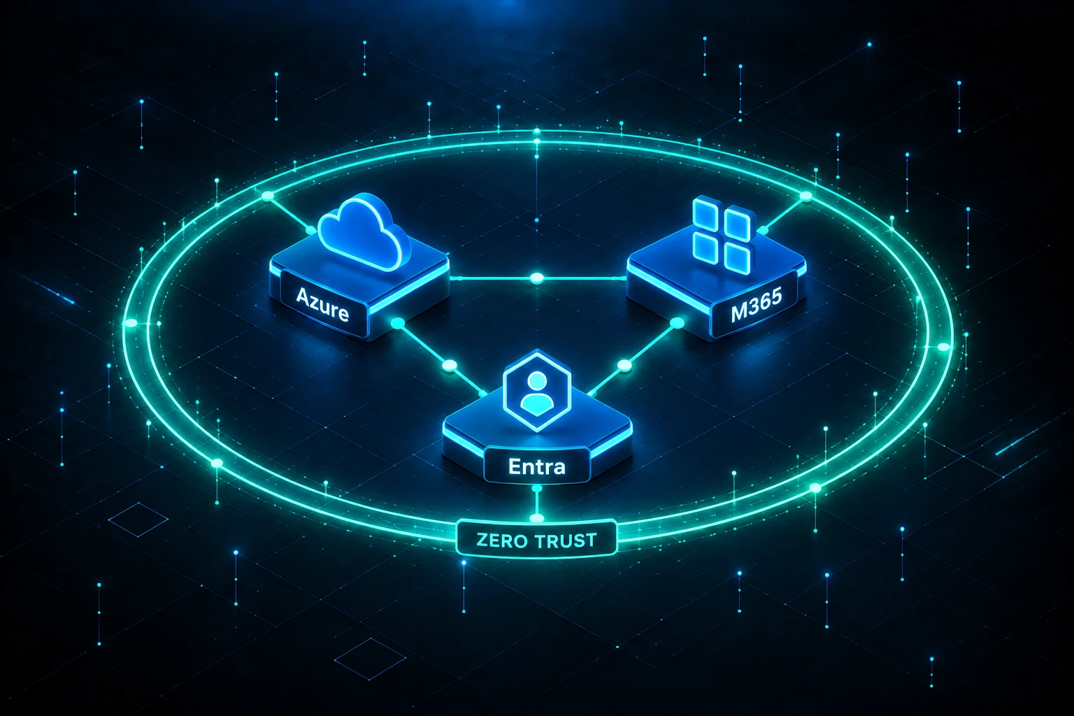 Azure, Entra and M365 nodes connected inside a glowing Zero Trust ring