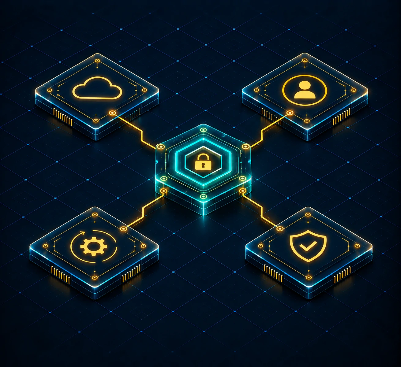 Four glass tiles for cloud, identity, security and automation linked to a central Zero Trust lock
