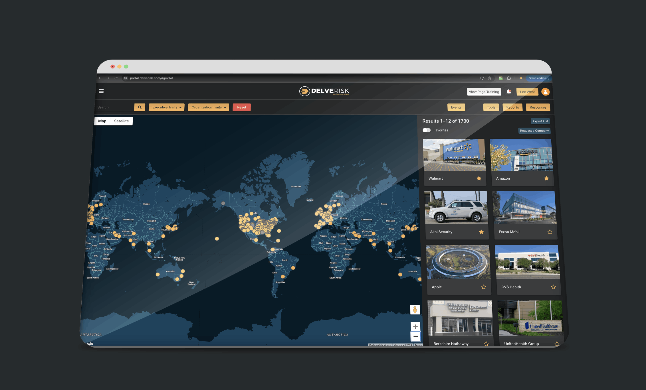 Web browser showing off the Delve Risk Portal user interface.